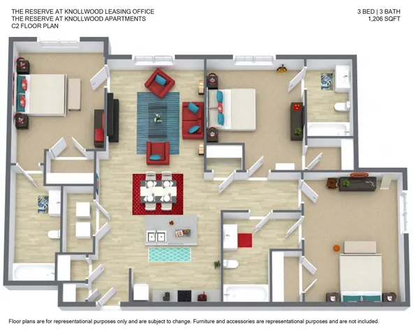 Modern 3-bedroom apartment floor plan featuring 3 bathrooms, a spacious living area, and an open kitchen, 1206 sq ft, at The Reserve at Knollwood Apartments.