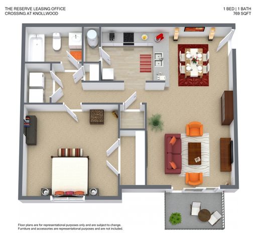 Contemporary 1-bedroom, 1-bathroom floor plan at The Crossing at Knollwood Apartments, featuring a spacious living area, modern kitchen, and elegant dining space, covering 769 sq ft.