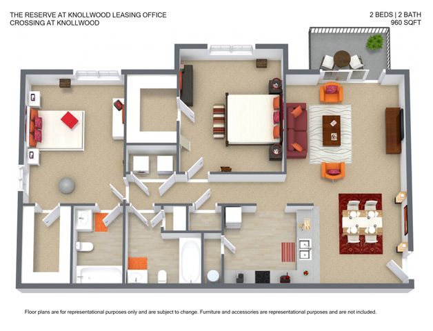 Modern 3D floor plan showcasing a spacious 2-bedroom, 2-bathroom apartment with open-concept living area, contemporary kitchen, and charming balcony, covering 960 square feet.