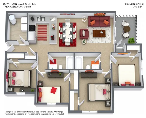 Chase Apartments floor plan with 4 bedrooms, 2 bathrooms, modern kitchen, spacious living room, and charming balcony, totaling 1250 sq ft.