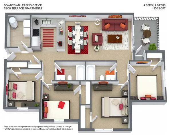 Chic 3D floor plan of Tech Terrace Apartments, showcasing 4 spacious bedrooms, 2 elegant bathrooms, an integrated kitchen, and a cozy living room within 1250 sq ft.