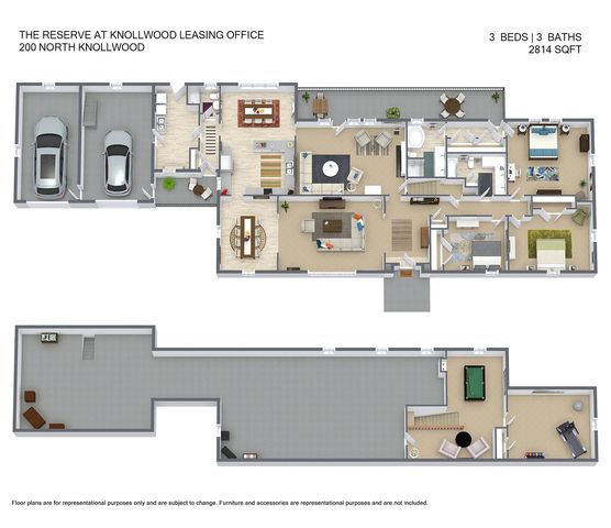 Spacious 3-bedroom, 3-bathroom floor plan at The Reserve at Knollwood featuring a modern open-concept living and dining area, two-car garage, and a versatile basement space perfect for entertainment in 2814 sq ft.