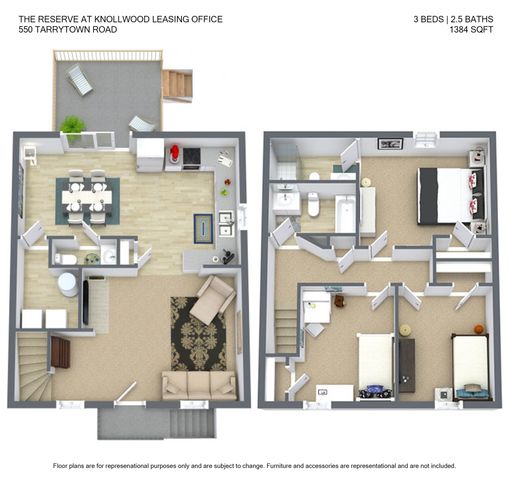 Inviting two-story floor plan for the Tarrytown Townhomes featuring 3 spacious bedrooms, 2.5 modern baths, an open-concept kitchen, elegant living area, and a charming deck, totaling 1384 sqft.