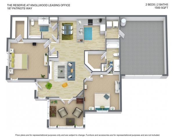 Elegant 3D floor plan at Peppers Ferry Villas, featuring 2 spacious bedrooms, 2 modern bathrooms, and an open-concept living space. Includes a sleek kitchen and cozy living room, all within 1500 sq ft.