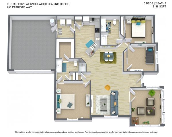 Elegant 3D floor plan of Peppers Ferry Villas, showcasing 3 bedrooms, 2 baths, and an open-concept living area. Spacious design with modern kitchen and well-lit spaces, spanning 2138 sq ft.