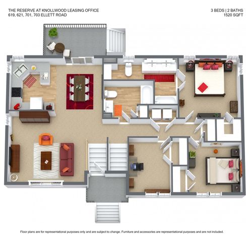 Spacious 3D floor plan of the Ellett Road houses featuring 3 elegant bedrooms, 2 modern bathrooms, expansive open-concept living area, and a stylish kitchen, totaling 1520 sq ft.
