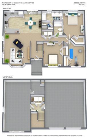 Contemporary 3-bedroom, 2-bathroom floor plan at 220 Meadow Drive, featuring a modern open-concept living area, stylish kitchen, and versatile lower level. Total 1476 sq ft of elegant living space.