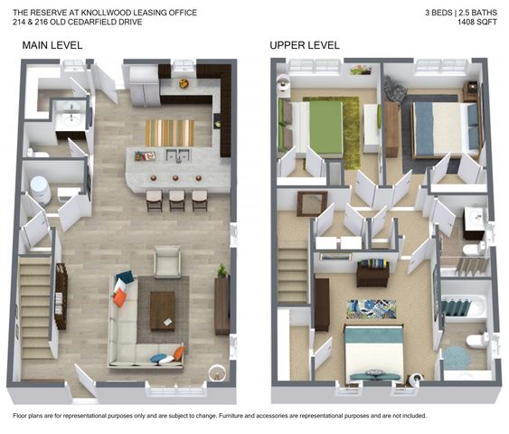 Elegant 3D floor plan of a two-level house featuring 3 bedrooms, 2.5 baths, a modern kitchen, and a cozy living area, spanning 1408 sq ft.