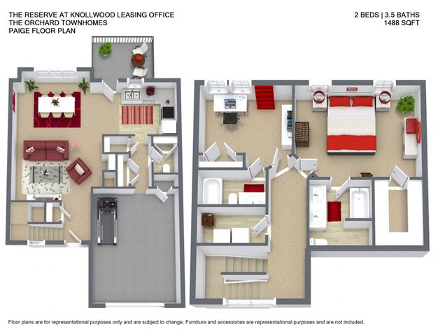 Chic 3D floor plan of the 2689 Blossom Trail West, featuring 2 bedrooms, 3.5 baths, a spacious living area, and modern kitchen. Totaling 1488 sq ft, this design offers luxury and comfort.
