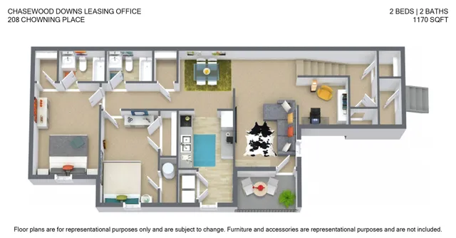 Contemporary 3D floor plan at Chasewood Downs showing a thoughtfully designed 2-bedroom, 2-bathroom layout with a spacious living area, modern kitchen, and inviting dining space in 1170 sq ft.