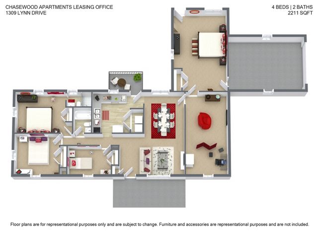 3D floor plan of 1309 Lynn Drive house featuring 4 spacious bedrooms, 2 modern bathrooms, an inviting living area, and a stylish dining space, totaling 2211 sq ft.