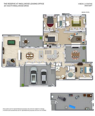 Spacious floor plan at 201 S Knollwood Drive showcasing 4 bedrooms, 2.5 baths, and a modern open-concept living space. Includes a stylish kitchen, dining area, cozy living room, and double garage. Features a recreational basement area, perfect for a home gym or entertainment setup, all within 3939 sqft.
