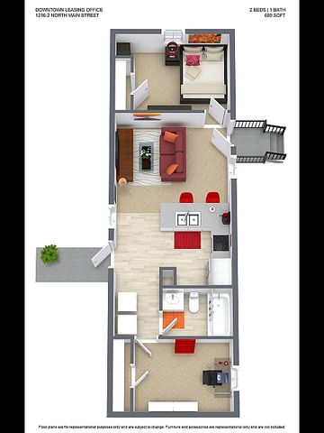 Chic 3D floor plan showcasing 2 bedrooms, 1 bathroom, an inviting living room, and a modern kitchen in a 609 sq ft layout.