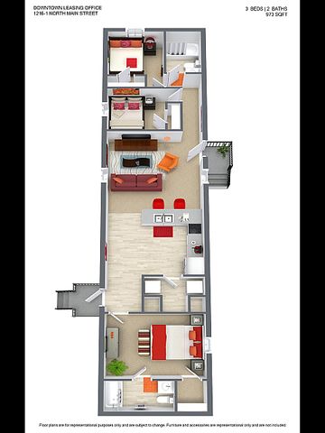 Modern 3-bedroom, 2-bathroom apartment floor plan with open living area and sleek kitchen design, totaling 973 sq ft.