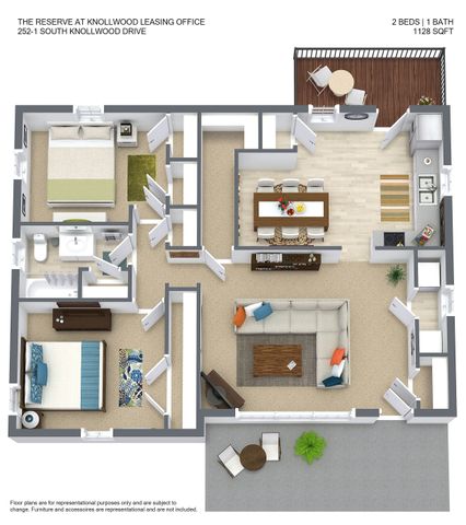 252 South Knollwood Dr floor plan showcases a stylish 2-bedroom, 1-bath apartment with a spacious living area, modern kitchen, and private balcony, totaling 1128 sq ft.
