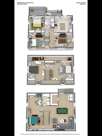 Charming three-level floor plan showcasing 4 bedrooms, a spacious living area, modern kitchen, and entertainment room, spread across 2560 sq ft at Downtown Leasing Office, 309 Webb Street.