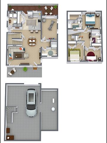Contemporary 3D floor plan showcasing 3 bedrooms, 2.5 baths, open living area, modern kitchen, and private garage at Echols Village, Downtown Blacksburg, 1692 sq ft.