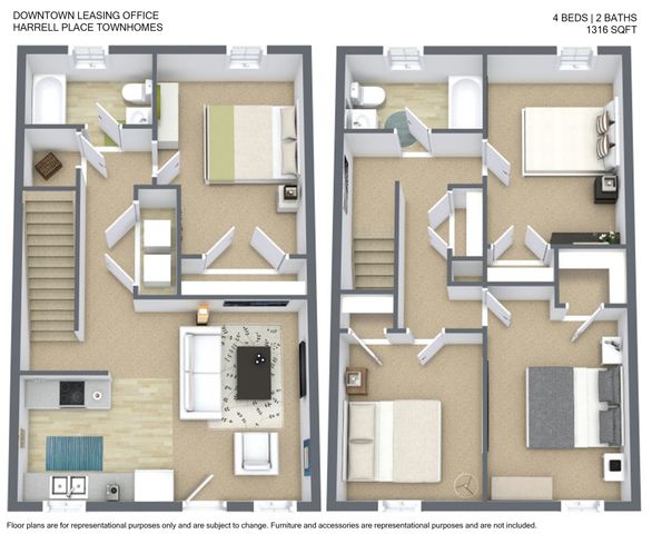 Spacious Harrell Place Townhomes floor plan featuring 4 bedrooms, 2 modern bathrooms, and a 1316 sq ft elegant living space.