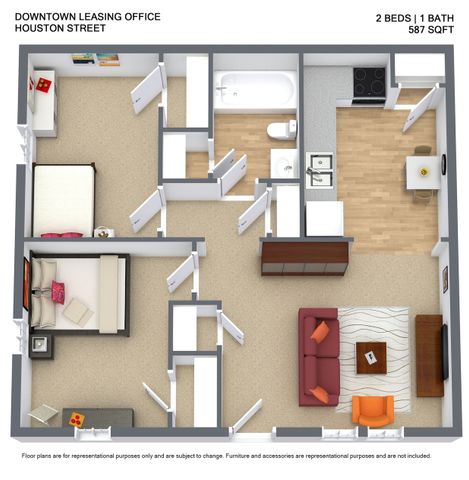 Charming and efficient 2D floor plan of Downtown Leasing Office on Houston Street, featuring 2 cozy bedrooms, 1 modern bath, and a stylish kitchen within 587 sq ft.