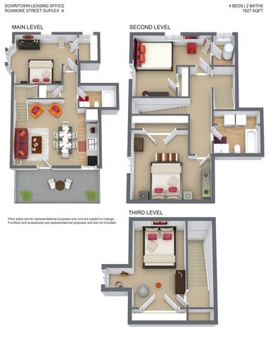 Elegant 3-level duplex floor plan with 4 bedrooms and 2 bathrooms, featuring a spacious living area, modern kitchen, and inviting outdoor patio. Total area of 1627 sqft.