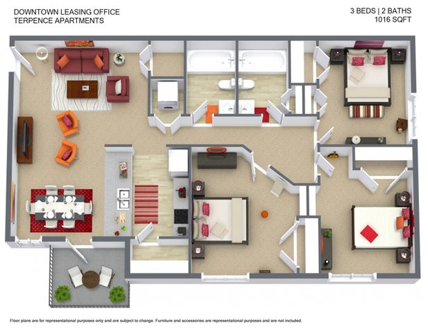 Terpence Apartments modern floor plan showcasing 3 spacious bedrooms, 2 elegant bathrooms, an open-concept living area, and a chic dining space within 1016 sqft.