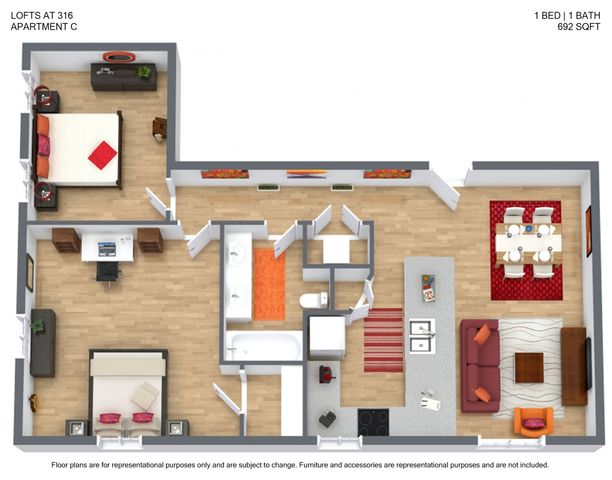 Modern 3D floor plan of the Lofts at 316, Apartment C featuring 1 bedroom, 1 bathroom, open living and dining areas, and a well-appointed kitchen, covering 692 sq ft.