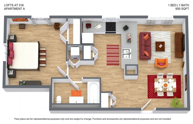 Modern 3D floor plan of the Lofts at 316 Apartment A with 1 bedroom, stylish kitchen, cozy living room, and elegant dining area in 600 sqft space.