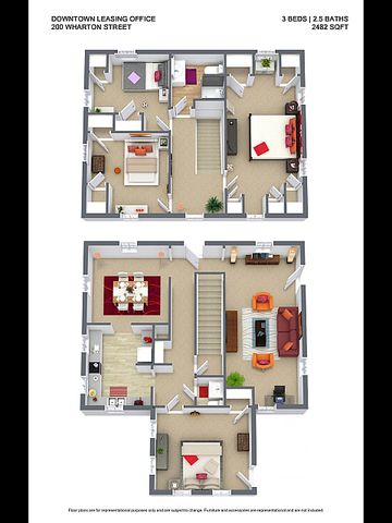 Modern 3-bedroom floor plan with 2.5 baths, spacious living and dining areas, and a stylish kitchen, covering 2482 sq ft at Downtown Leasing Office, 200 Wharton Street.