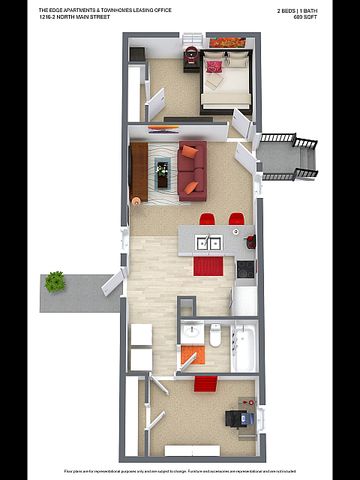 Modern 3D floor plan showcasing a 2-bedroom, 1-bath house with a stylish open kitchen and comfortable living area, spanning 609 sq ft.