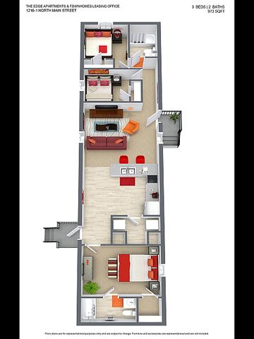 Modern 3D floor plan showcasing 3 bedrooms, 2 bathrooms, a vibrant living area, and a sleek kitchen, totaling 973 sq ft.