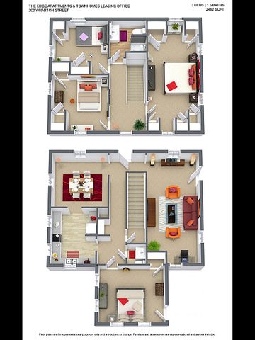 Floor plan showcasing 3 spacious bedrooms, 1.5 modern baths, open living area with stylish furnishings, and a cozy kitchen. Total area of 2482 sq ft, perfect for comfortable urban living.