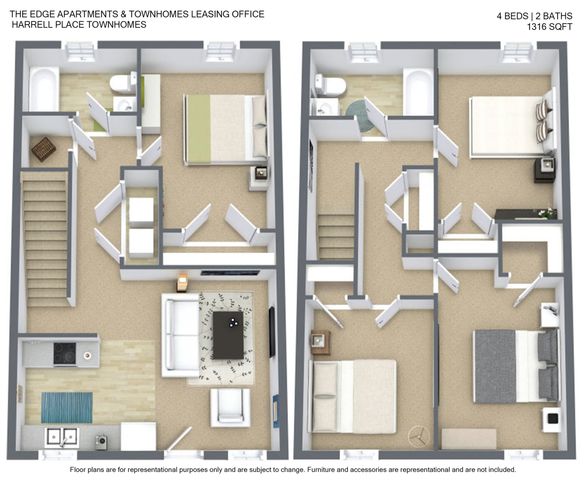 Modern floor plan for Harrell Place featuring 4 bedrooms and 2 bathrooms across two levels with a spacious living area and a functional kitchen layout, totaling 1316 sq ft.