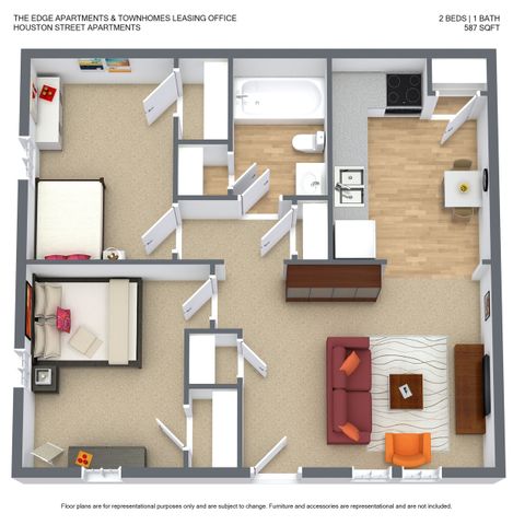 Inviting 3D floor plan of Houston Street Apartments featuring 2 cozy bedrooms, 1 bath, an open living room, and a modern kitchen, all within 587 sq ft.