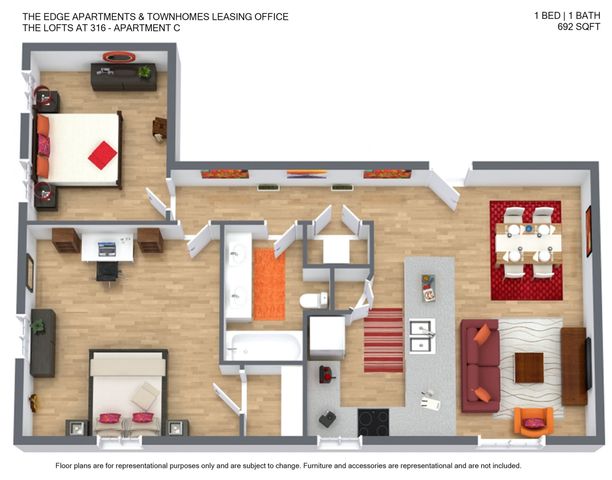Modern 1-bedroom apartment floor plan featuring an open living and dining area, a spacious bedroom, and a well-equipped kitchen in a 692 sq ft layout.
