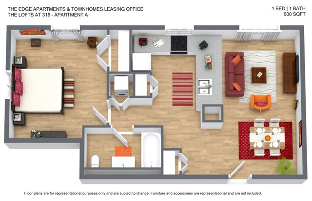 Chic 3D floor plan of a cozy 1-bedroom apartment featuring an open kitchen, inviting living area, and elegant dining space, spanning 600 sq ft.