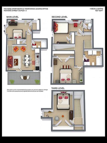 Modern 3D floor plan of Roanoke Street Duplex A, showcasing a 4-bedroom, 2-bathroom duplex over three levels with an inviting living area and stylish kitchen, totaling 1627 sq ft.
