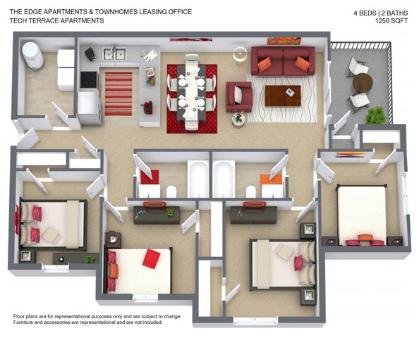 Modern 3D floor plan of a 4-bedroom, 2-bathroom apartment at Tech Terrace Apartments. Features an open-concept living area with a dining space, spacious kitchen, and a cozy balcony, totaling 1250 sq ft.