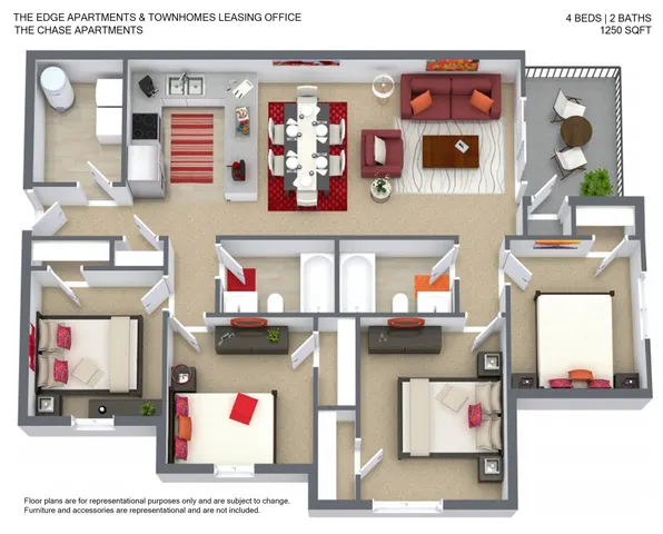 Modern 3D floor plan of The Chase Apartments featuring 4 bedrooms, 2 bathrooms, a cozy living room, and a stylish kitchen, spread across 1250 sqft with a balcony.