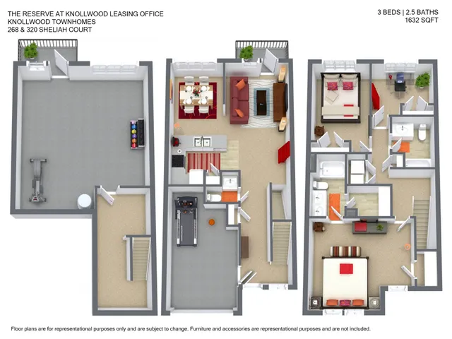 Modern Knollwood Townhomes floor plan featuring 3 bedrooms, 2.5 baths, spacious living area, and fitness room, 1632 sqft.