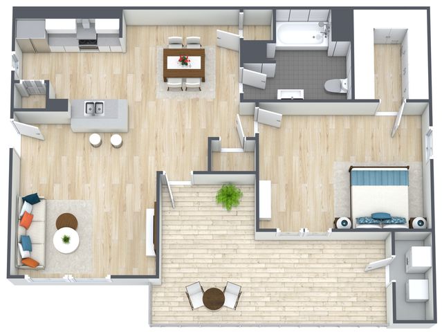 Modern 2D floor plan showcasing an open-concept design with 1 bedroom, spacious living room, elegant kitchen with island, and a cozy dining area, along with a stylish bathroom and inviting balcony.
