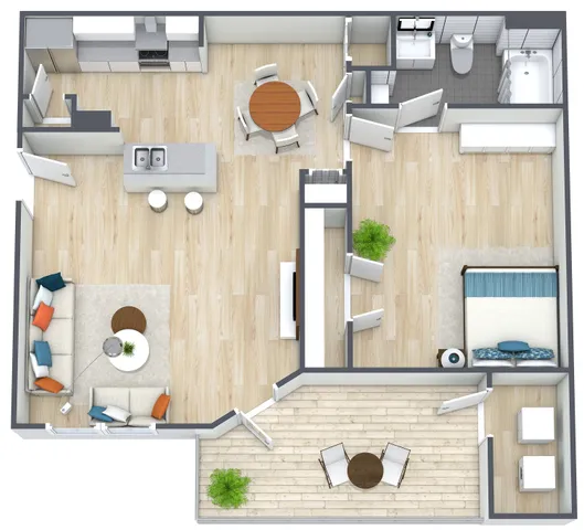 Elegant floor plan featuring a modern 1-bedroom layout with open-concept kitchen and living area, spacious bathroom, and inviting balcony space.
