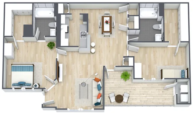 Modern 3D floor plan showcasing 2 bedrooms, open-concept kitchen and dining area, elegant living room, and private balcony space.