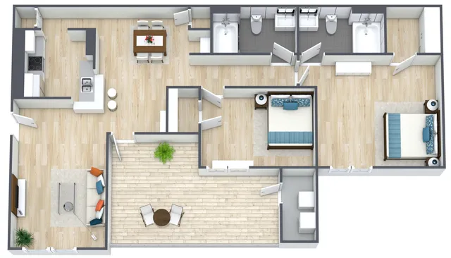 Elegant 3D floor plan featuring two bedrooms, modern kitchen, cozy living area, and spacious outdoor balcony.