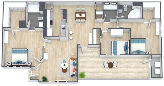 Modern floor plan showcasing 3 bedrooms, a spacious living room, an open kitchen with a dining area, and luxurious bathrooms, plus a large outdoor terrace.