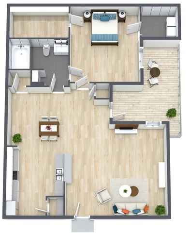 Modern open-concept apartment floor plan featuring a spacious bedroom, stylish living and dining area, and a cozy terrace.
