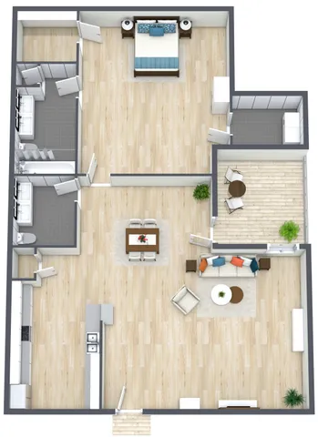 Modern 1-bedroom apartment floor plan with an open-concept living and dining area, stylish kitchen, and spacious patio space.