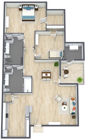 Elegant floor plan showcasing 2 bedrooms, modern kitchen, spacious dining area, and cozy living room with balcony access.