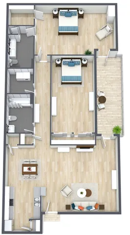 Elegant floor plan featuring two bedrooms, spacious open-concept living and dining area, modern kitchen, two bathrooms, and a cozy private balcony.