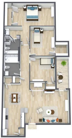 Modern 3D floor plan showcasing 3 bedrooms, an elegant open-plan living space, stylish kitchen, and cozy balcony.