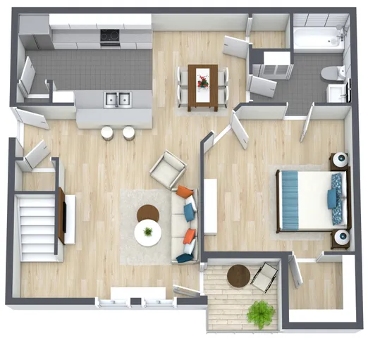 Chic 3D floor plan showcasing a spacious one-bedroom apartment with an open-concept living area, modern kitchen, elegant dining space, and a stylish bathroom.